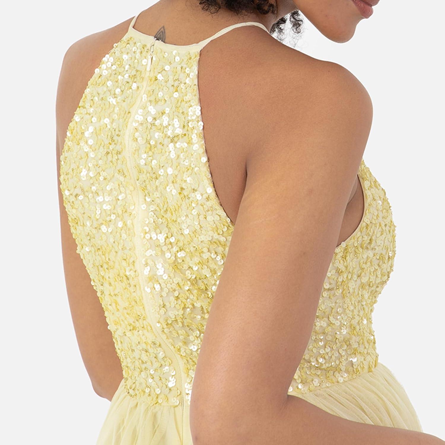 imageMaya Deluxe de Soire Femme Maxi Col Licou de Soire Paillettes Robe Longue Femme pour Bal de Promo MariageCitron