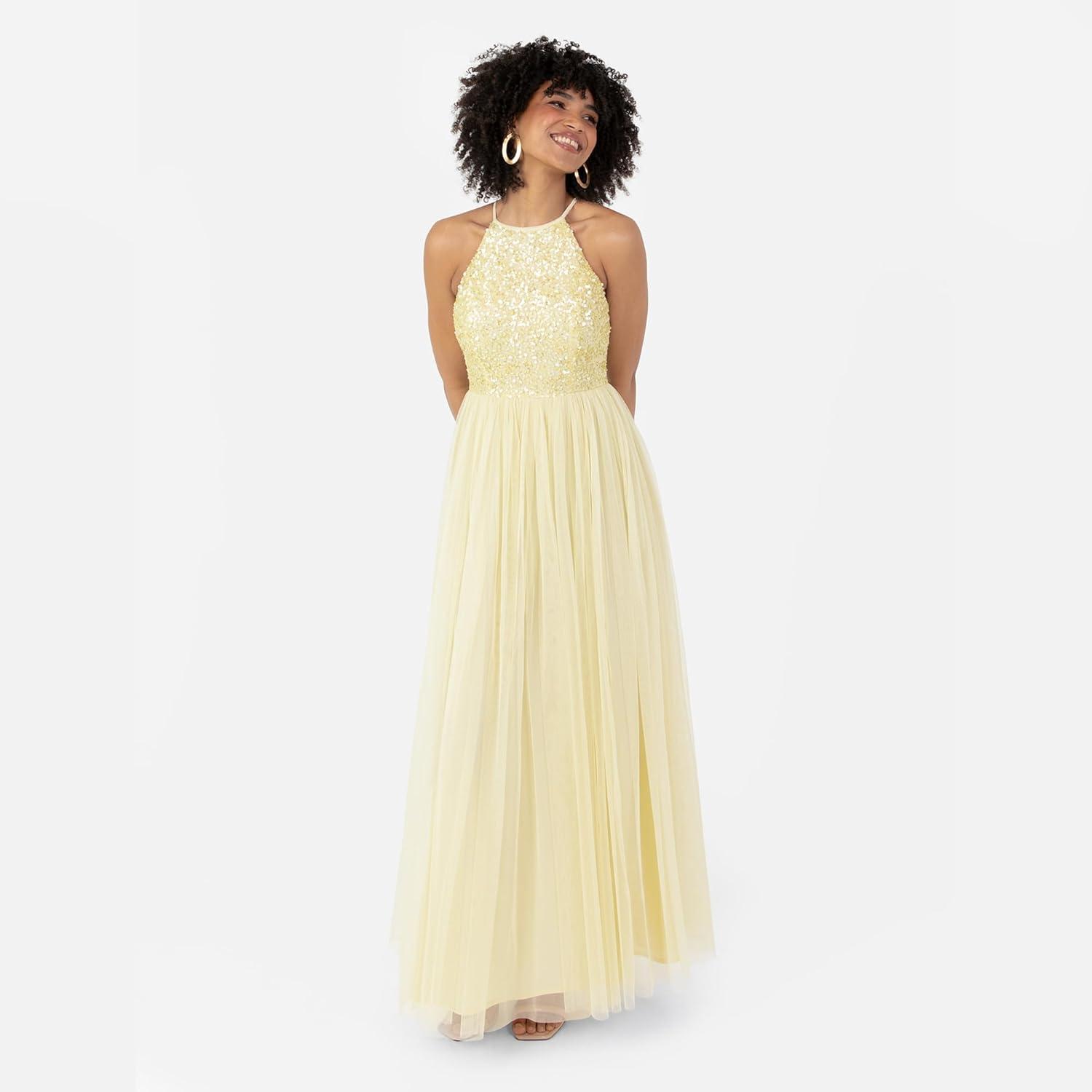 imageMaya Deluxe de Soire Femme Maxi Col Licou de Soire Paillettes Robe Longue Femme pour Bal de Promo MariageCitron