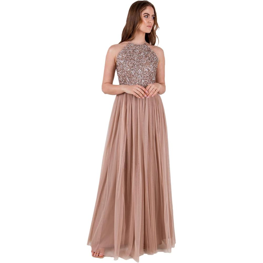 imageMaya Deluxe de Soire Femme Maxi Col Licou de Soire Paillettes Robe Longue Femme pour Bal de Promo MariageBlush Taupe