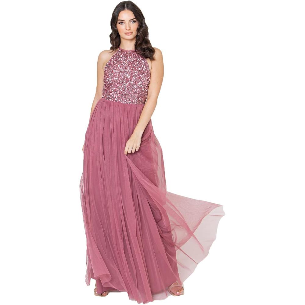 imageMaya Deluxe de Soire Femme Maxi Col Licou de Soire Paillettes Robe Longue Femme pour Bal de Promo MariageDesert Rose