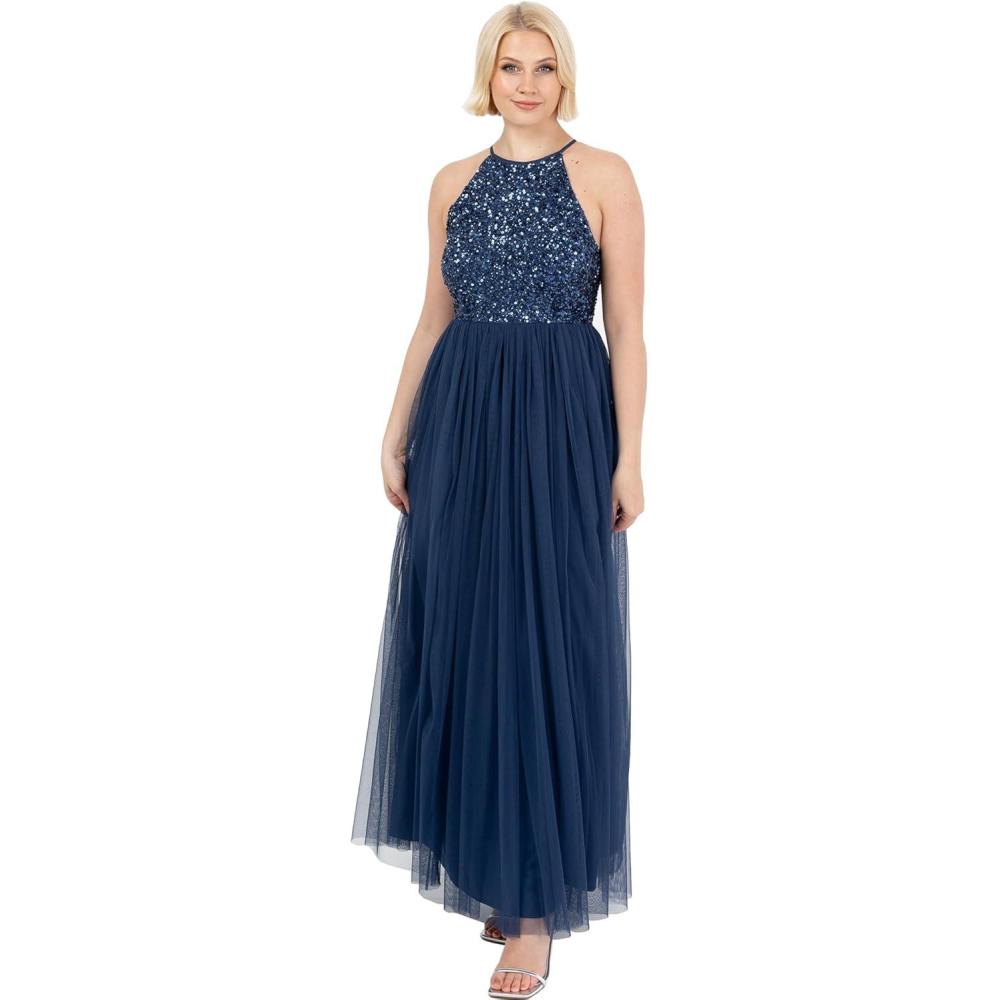 imageMaya Deluxe de Soire Femme Maxi Col Licou de Soire Paillettes Robe Longue Femme pour Bal de Promo MariageFrench Navy
