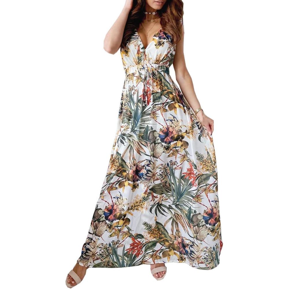 imageRobe de Plage Longue Femme Dcollet en V Impression de Plantes TropicalesBlanc