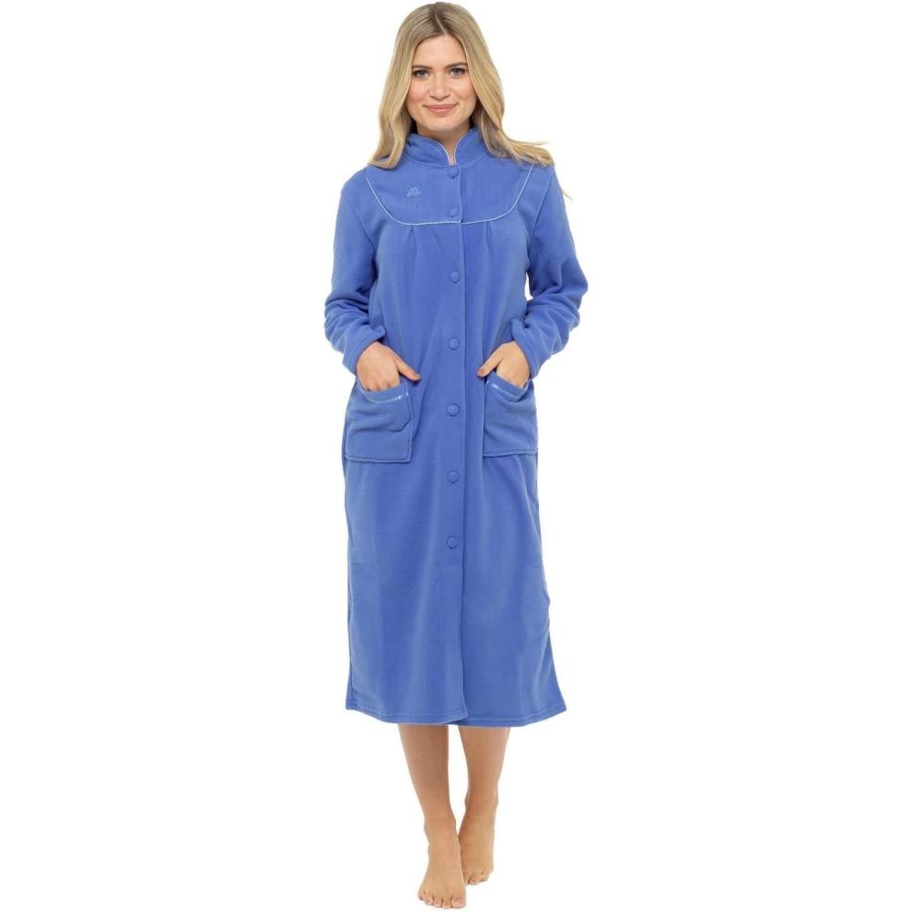 imageRobe de chambre boutonne en polaire pour femmes avec poches avantBleu