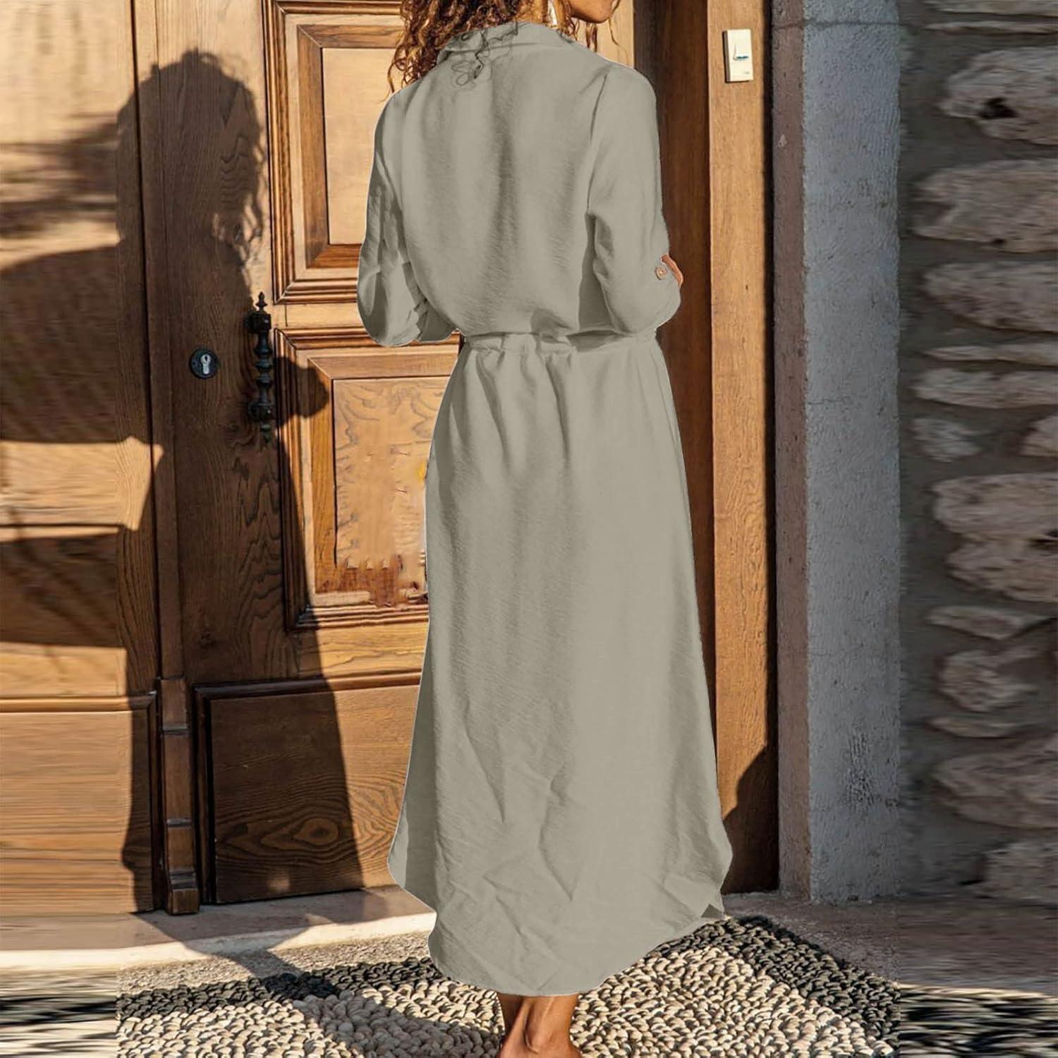 image2025 Robe Chemise Longue Robe de Travail Chic et Elegant Dcontracte Couleur Unie Robes d Ete Femme Coton et Lin Manche Courte Vtements Femmes Cotton en Line Max Robes Chemise de Plage Pas CherBKaki