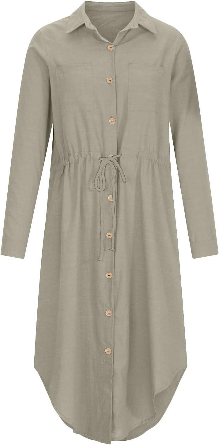 image2025 Robe Chemise Longue Robe de Travail Chic et Elegant Dcontracte Couleur Unie Robes d Ete Femme Coton et Lin Manche Courte Vtements Femmes Cotton en Line Max Robes Chemise de Plage Pas CherBKaki