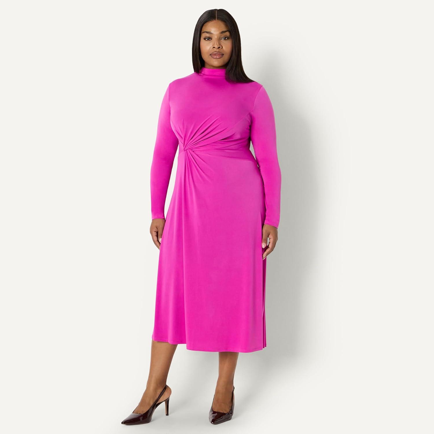 imageAmazon Essentials Slection de Demi Robe MiLongue Manches Longues Coupe Ajuste et vase FemmeFuchsia