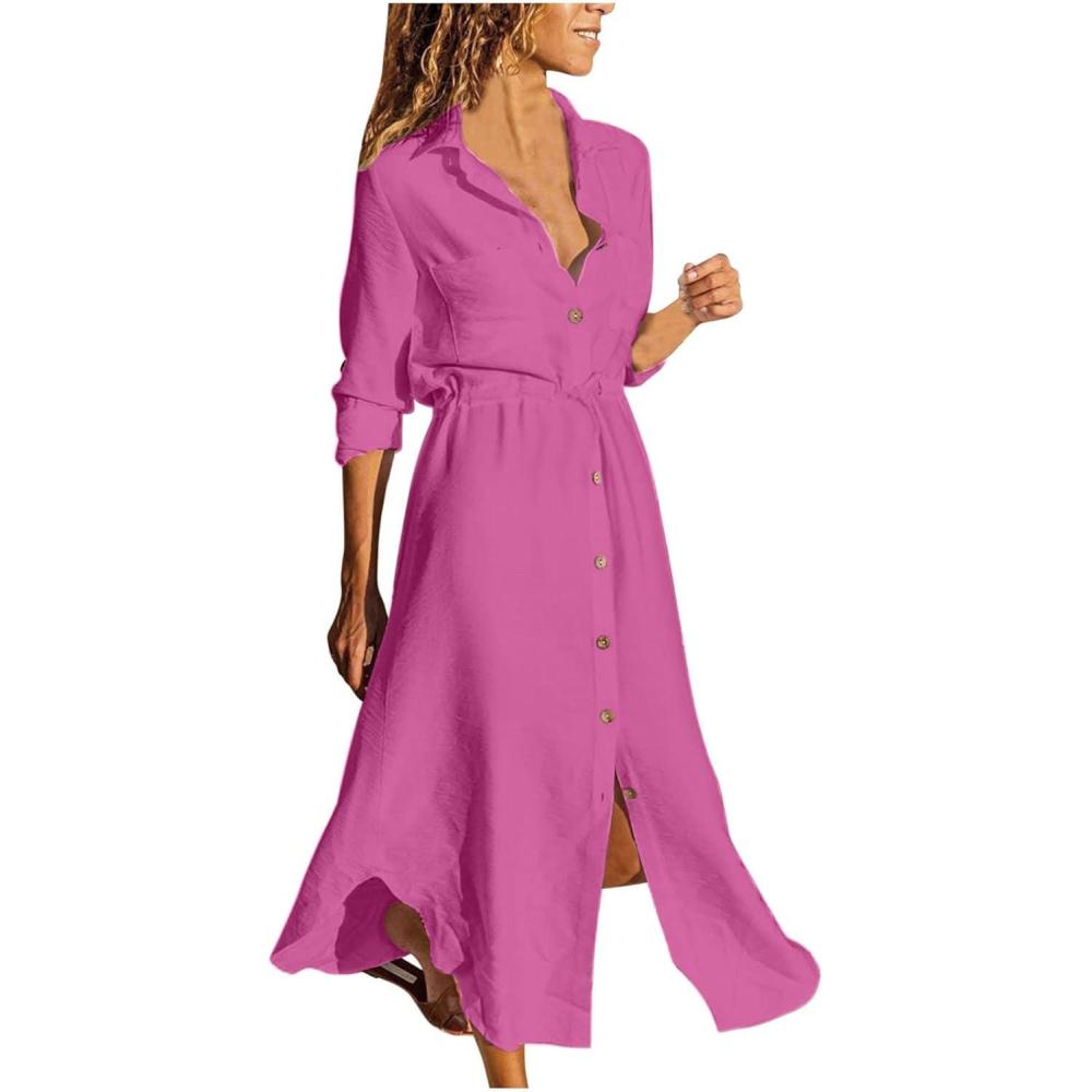 image2025 Robe Chemise Longue Robe de Travail Chic et Elegant Dcontracte Couleur Unie Robes d Ete Femme Coton et Lin Manche Courte Vtements Femmes Cotton en Line Max Robes Chemise de Plage Pas CherBRose vif