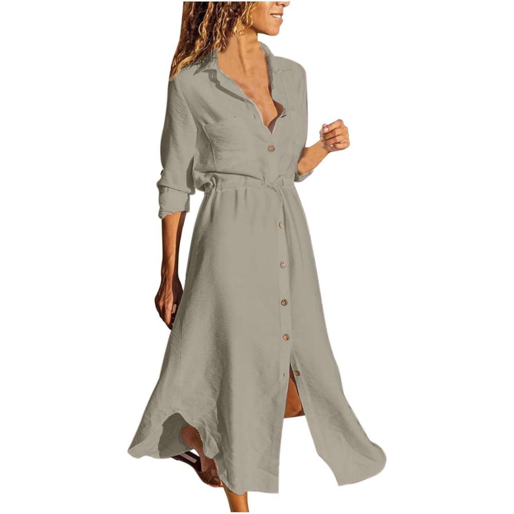 image2025 Robe Chemise Longue Robe de Travail Chic et Elegant Dcontracte Couleur Unie Robes d Ete Femme Coton et Lin Manche Courte Vtements Femmes Cotton en Line Max Robes Chemise de Plage Pas CherBKaki