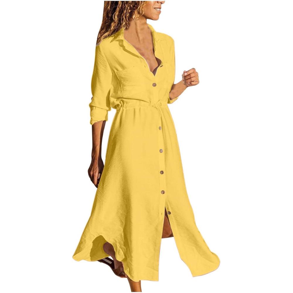 image2025 Robe Chemise Longue Robe de Travail Chic et Elegant Dcontracte Couleur Unie Robes d Ete Femme Coton et Lin Manche Courte Vtements Femmes Cotton en Line Max Robes Chemise de Plage Pas CherBJaune