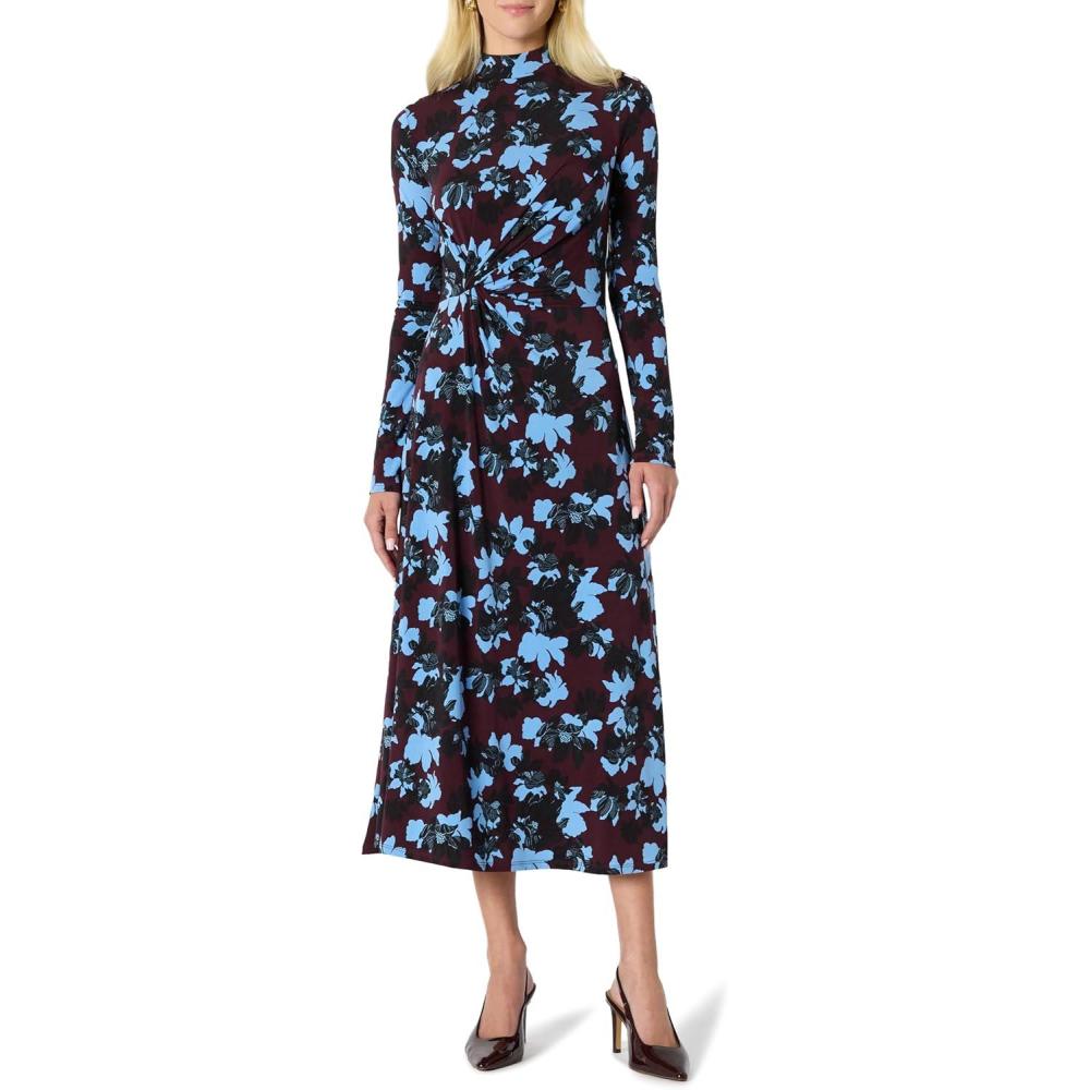 imageAmazon Essentials Slection de Demi Robe MiLongue Manches Longues Coupe Ajuste et vase FemmeBordeaux Bleu Fleuri