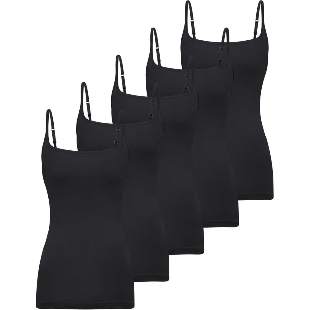 image:imageBQTQ 5 Pices Camisole Dbardeur Femme Camisole Encolure Carre Basique Spaghetti Strap Tops pour FemmeNoir