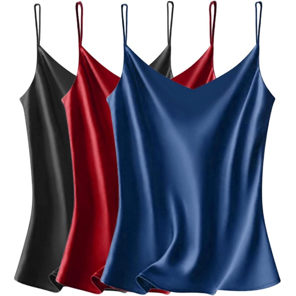 image:imageVIDUSSA Dbardeurs Femmes Chemise Satin sans Manches Chemisiers Col V Blouse Haut TShirt Cami Tops3 Pack Noir Bleu Marine Bordeaux
