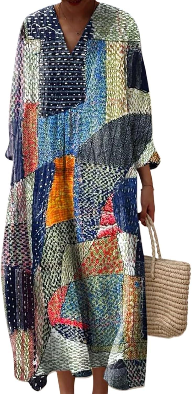 image:imageRobe Ete Femme Mi Longue Fluide Coton Chemise Robes Manches Longues Ample Casuel ALine Imprim Fleur Robes Col V Ronde Bohme Robe De Soiree Femme Vintage Dress pour Fte Travail3dark Blue
