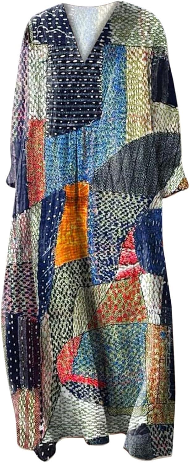image:imageRobe Ete Femme Mi Longue Fluide Coton Chemise Robes Manches Longues Ample Casuel ALine Imprim Fleur Robes Col V Ronde Bohme Robe De Soiree Femme Vintage Dress pour Fte Travail3dark Blue