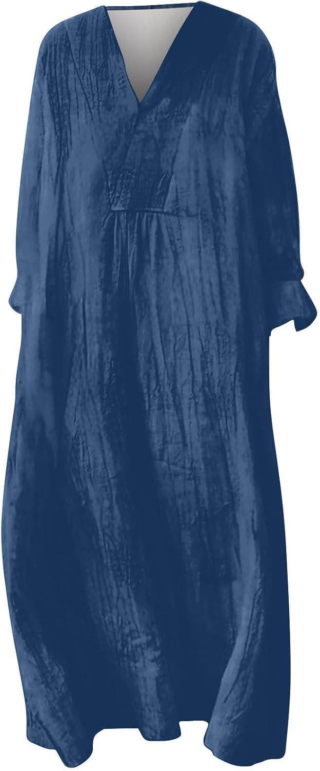 image:imageRobe Ete Femme Mi Longue Fluide Coton Chemise Robes Manches Longues Ample Casuel ALine Imprim Fleur Robes Col V Ronde Bohme Robe De Soiree Femme Vintage Dress pour Fte Travail4dark Blue