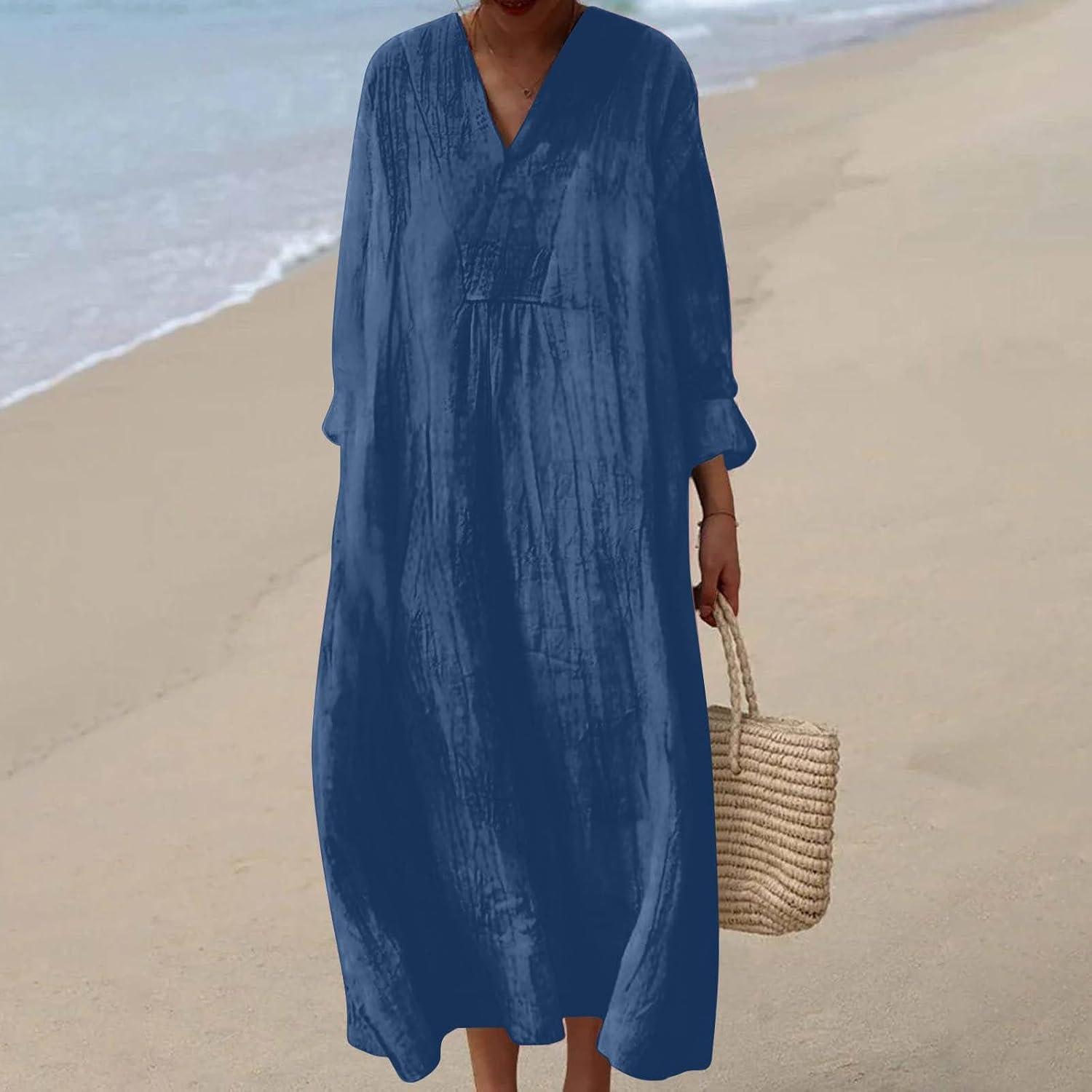 image:imageRobe Ete Femme Mi Longue Fluide Coton Chemise Robes Manches Longues Ample Casuel ALine Imprim Fleur Robes Col V Ronde Bohme Robe De Soiree Femme Vintage Dress pour Fte Travail4dark Blue
