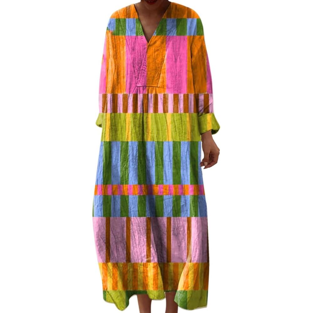 image:imageRobe Ete Femme Mi Longue Fluide Coton Chemise Robes Manches Longues Ample Casuel ALine Imprim Fleur Robes Col V Ronde Bohme Robe De Soiree Femme Vintage Dress pour Fte Travail2pink