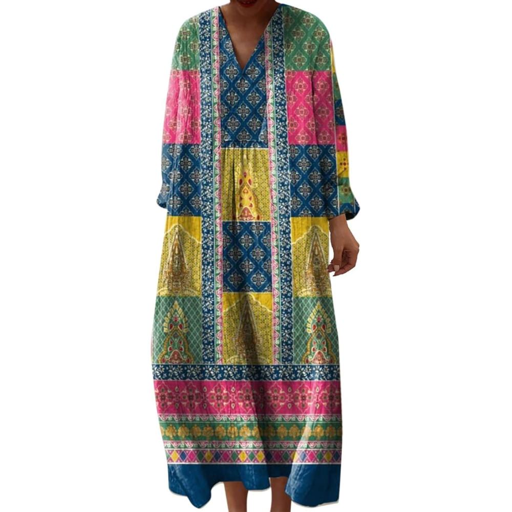 image:imageRobe Ete Femme Mi Longue Fluide Coton Chemise Robes Manches Longues Ample Casuel ALine Imprim Fleur Robes Col V Ronde Bohme Robe De Soiree Femme Vintage Dress pour Fte Travail3green