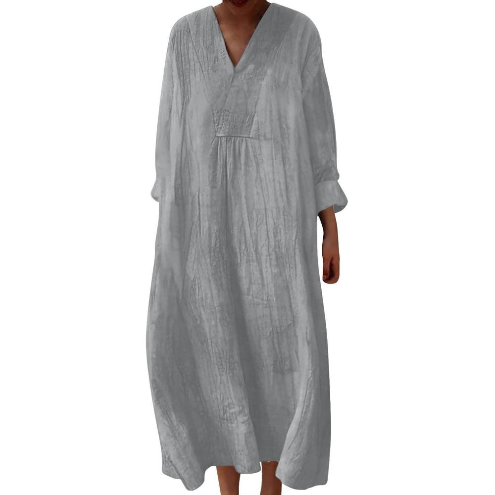 image:imageRobe Ete Femme Mi Longue Fluide Coton Chemise Robes Manches Longues Ample Casuel ALine Imprim Fleur Robes Col V Ronde Bohme Robe De Soiree Femme Vintage Dress pour Fte Travail4grey