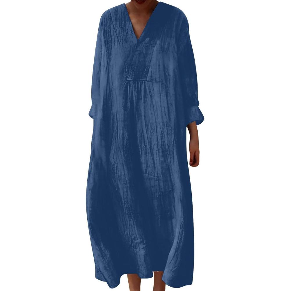 image:imageRobe Ete Femme Mi Longue Fluide Coton Chemise Robes Manches Longues Ample Casuel ALine Imprim Fleur Robes Col V Ronde Bohme Robe De Soiree Femme Vintage Dress pour Fte Travail4dark Blue