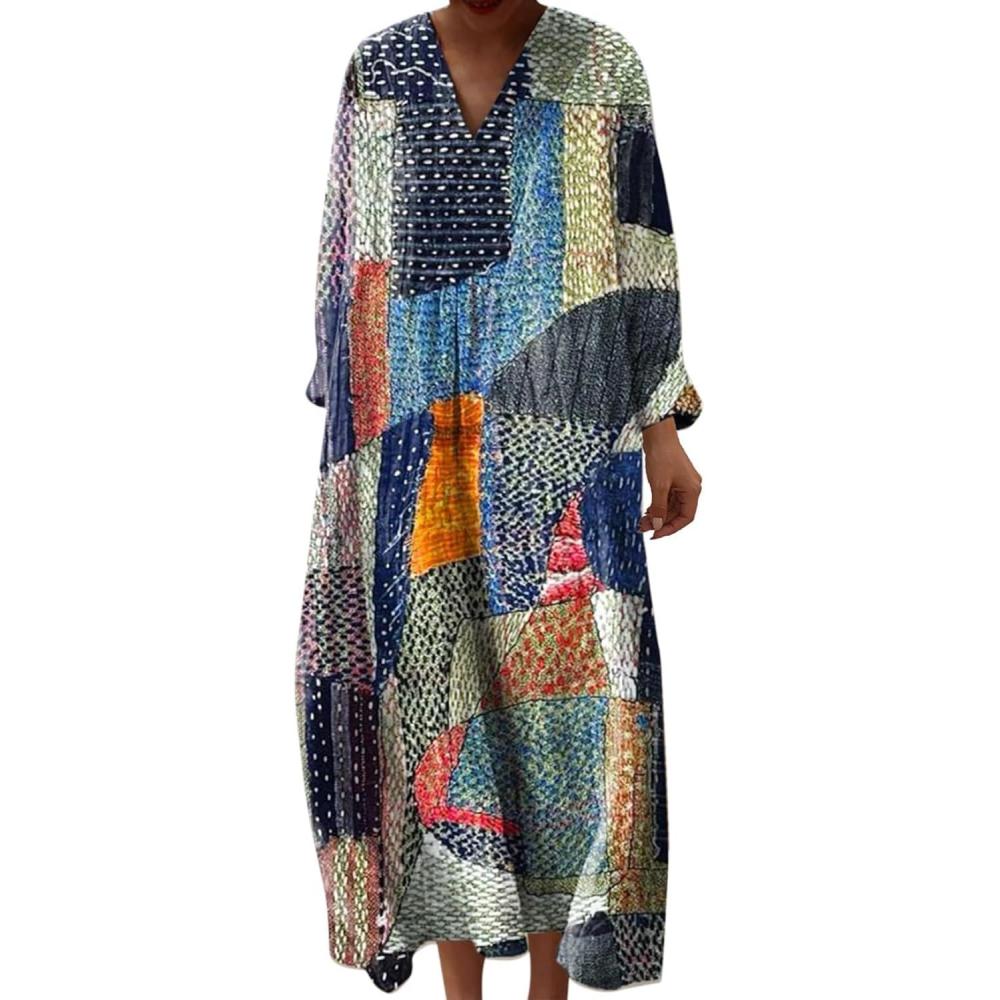 image:imageRobe Ete Femme Mi Longue Fluide Coton Chemise Robes Manches Longues Ample Casuel ALine Imprim Fleur Robes Col V Ronde Bohme Robe De Soiree Femme Vintage Dress pour Fte Travail3dark Blue