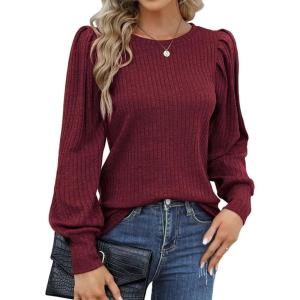 Hotouch Haut pour Femme Élégant Col Rond Manches Bouffantes Pull Casual Léger Manches Longues Blouse Hauts Automne Hiver(Bordeaux)