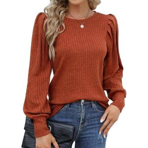 Hotouch Haut pour Femme Élégant Col Rond Manches Bouffantes Pull Casual Léger Manches Longues Blouse Hauts Automne Hiver(Caramel-1)
