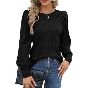 Hotouch Haut pour Femme Élégant Col Rond Manches Bouffantes Pull Casual Léger Manches Longues Blouse Hauts Automne Hiver(Noir)