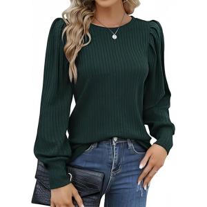 Hotouch Haut pour Femme Élégant Col Rond Manches Bouffantes Pull Casual Léger Manches Longues Blouse Hauts Automne Hiver(Vert-1)
