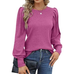 Hotouch Haut pour Femme Élégant Col Rond Manches Bouffantes Pull Casual Léger Manches Longues Blouse Hauts Automne Hiver(Violet)