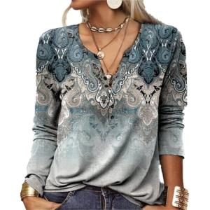 T-Shirt col V Blouses à Manches Longues pour Femmes Imprimé Tunique Tops Lâche Chemisier T-Shirts pour Femmes Sweat-Shirt Tuniques Basiques Haut Automne(Multicolore,S)(Bleu-u)