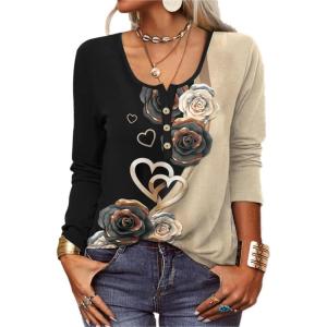 T-Shirt col V Blouses à Manches Longues pour Femmes Imprimé Tunique Tops Lâche Chemisier T-Shirts pour Femmes Sweat-Shirt Tuniques Basiques Haut Automne(Multicolore,S)(Noir)