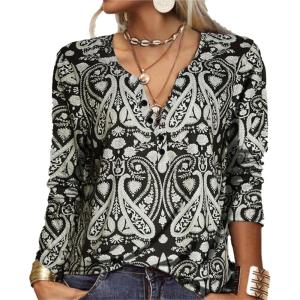 T-Shirt col V Blouses à Manches Longues pour Femmes Imprimé Tunique Tops Lâche Chemisier T-Shirts pour Femmes Sweat-Shirt Tuniques Basiques Haut Automne(Multicolore,S)(Style-b)