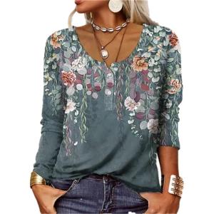 T-Shirt col V Blouses à Manches Longues pour Femmes Imprimé Tunique Tops Lâche Chemisier T-Shirts pour Femmes Sweat-Shirt Tuniques Basiques Haut Automne(Multicolore,S)(Vert)