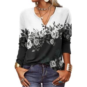 T-Shirt col V Blouses à Manches Longues pour Femmes Imprimé Tunique Tops Lâche Chemisier T-Shirts pour Femmes Sweat-Shirt Tuniques Basiques Haut Automne(Multicolore,S)(Noir-u)