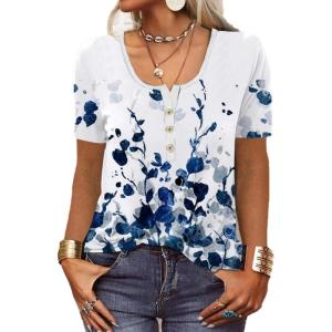 T-Shirt col V Blouses à Manches Longues pour Femmes Imprimé Tunique Tops Lâche Chemisier T-Shirts pour Femmes Sweat-Shirt Tuniques Basiques Haut Automne(Multicolore,S)(-Manche Courte- Bleu-2)
