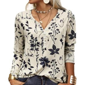T-Shirt col V Blouses à Manches Longues pour Femmes Imprimé Tunique Tops Lâche Chemisier T-Shirts pour Femmes Sweat-Shirt Tuniques Basiques Haut Automne(Multicolore,S)(Style-d)