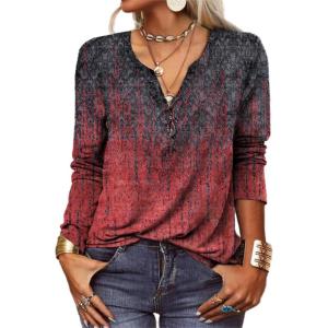 T-Shirt col V Blouses à Manches Longues pour Femmes Imprimé Tunique Tops Lâche Chemisier T-Shirts pour Femmes Sweat-Shirt Tuniques Basiques Haut Automne(Multicolore,S)(Rouge)