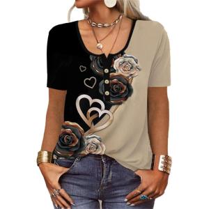 T-Shirt col V Blouses à Manches Longues pour Femmes Imprimé Tunique Tops Lâche Chemisier T-Shirts pour Femmes Sweat-Shirt Tuniques Basiques Haut Automne(Multicolore,S)(-Manche Courte-noir-1)