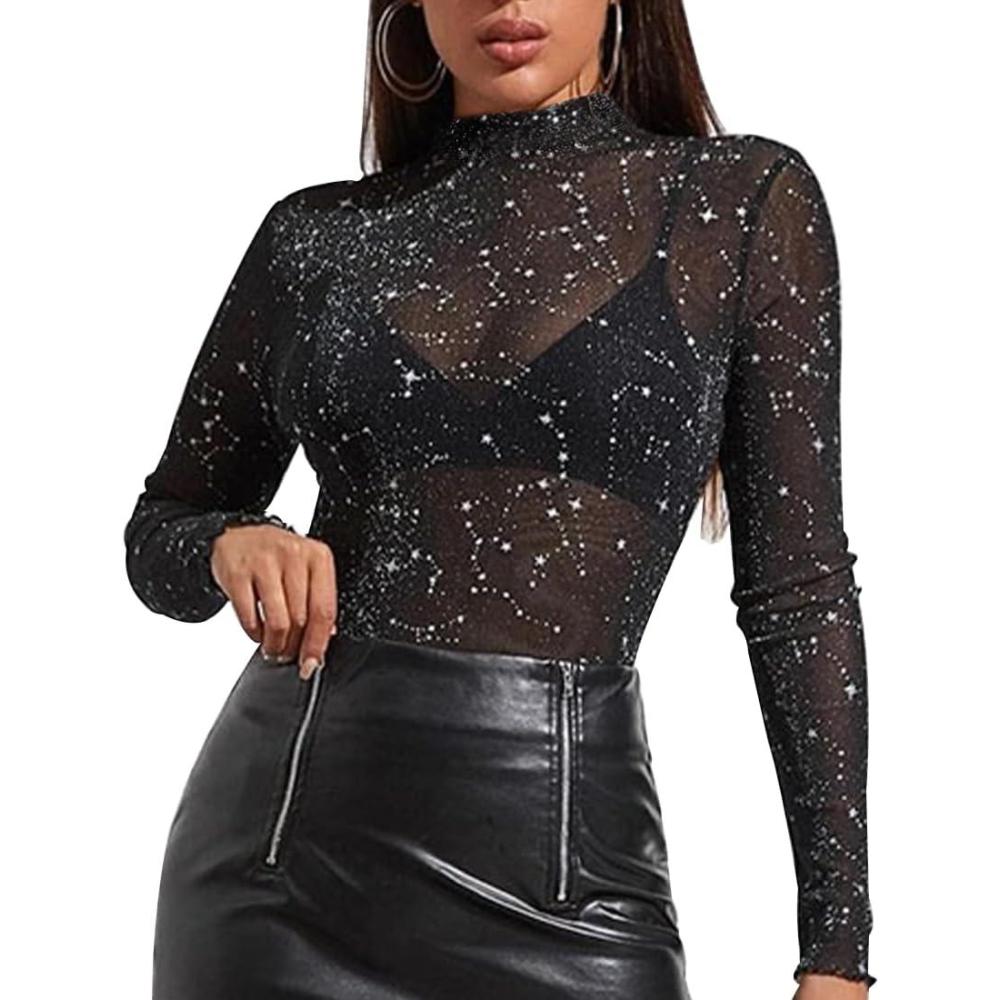 image:imageHaut Transparent Femme Noir Transparents Top  Paillettes Sexy Blouse Sheer Mesh Elastique Tops Top en Maille pour Femme Haut Transparent  Sexy  avec toileNoirl