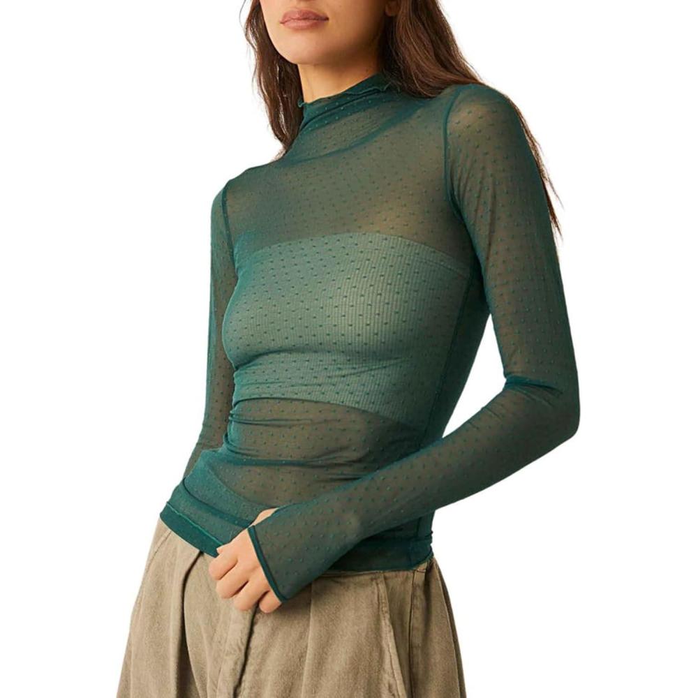 image:imageTShirt Transparent en Dentelle  Manches Longues pour Femme Haut Femme Chic et lgant Tee Shirt  Col Montant pour FemmeVert A