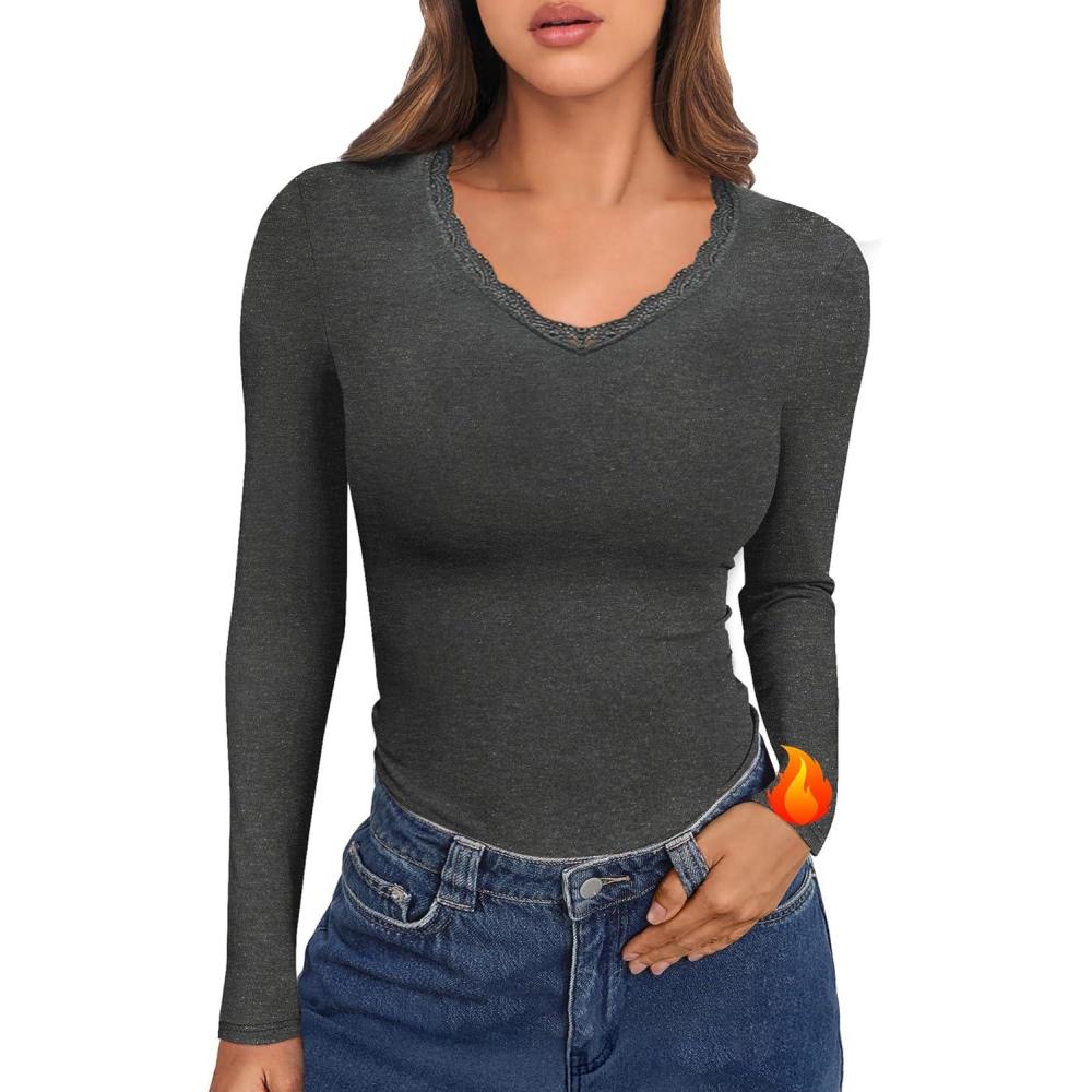 image:imageHaut Thermique Femme Col V sous Vetement Thermique Manches Longues Tee Shirt Thermique en Dentelle Lger Basic TShirt Top Slim Fit pour Hiver AutomneGris