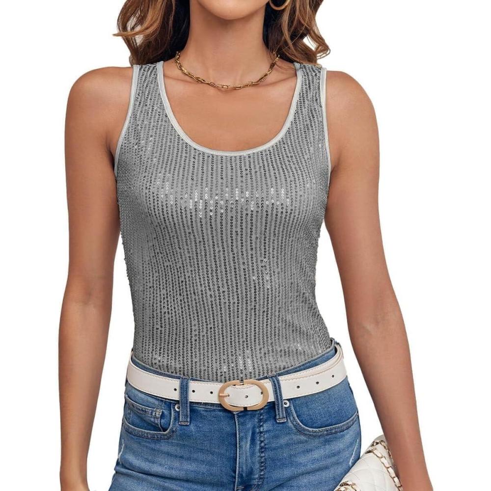 image:imageImily Bela Dbardeur paillettes pour femme Sans manches Paillettes Col en U Sexy Pour fteGris
