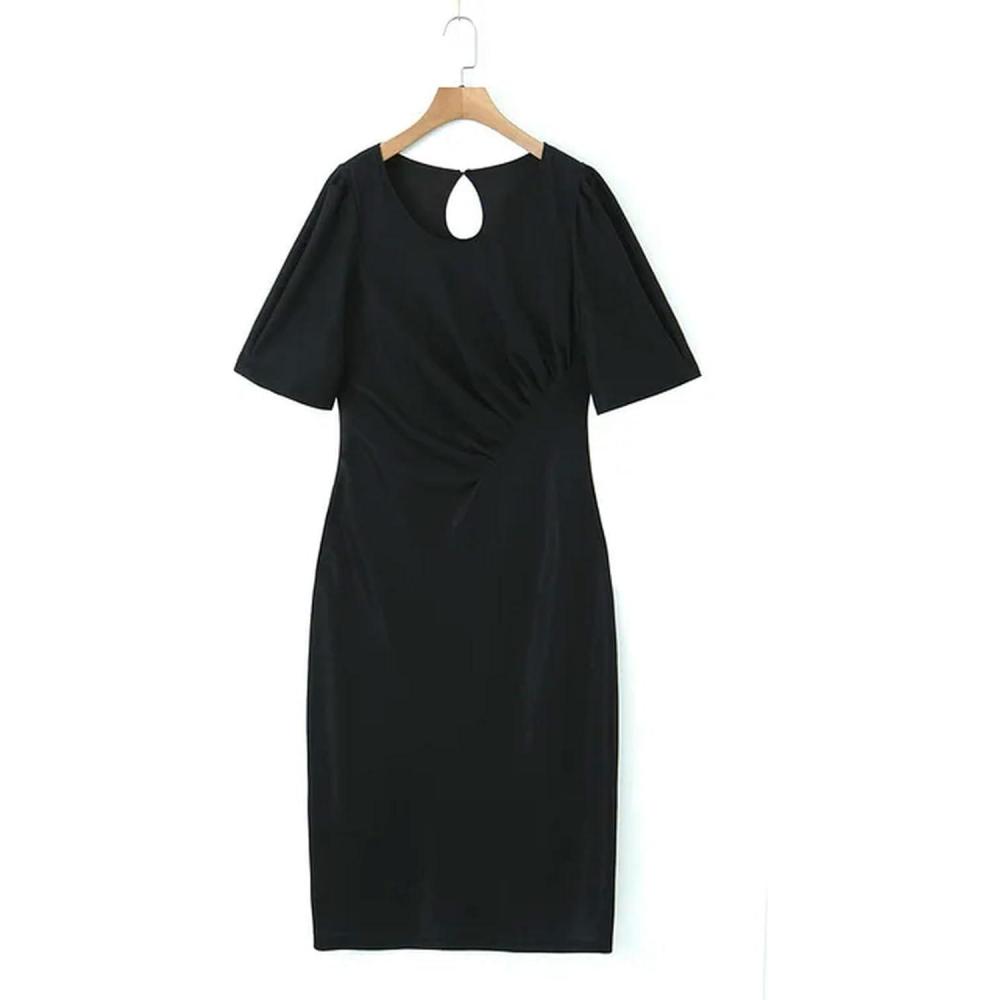 image:imageRobe Grande Taille de Haute qualit pour Femmes Printemps et t Taille plisse col en U Manches Bouffantes Une pice Robe Courbe surdimensionnenoir3XLNoir