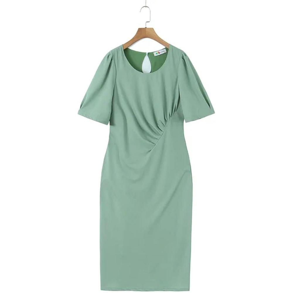 image:imageRobe Grande Taille de Haute qualit pour Femmes Printemps et t Taille plisse col en U Manches Bouffantes Une pice Robe Courbe surdimensionnenoir3XLVert