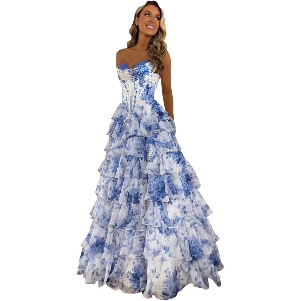image:imageRobes de fille lgantes de crmonie de bal sans bretelles avec corset en mousseline de soie en couches de soire formelles avec fente vtements de printemps sexy courbure demoiselleBleu