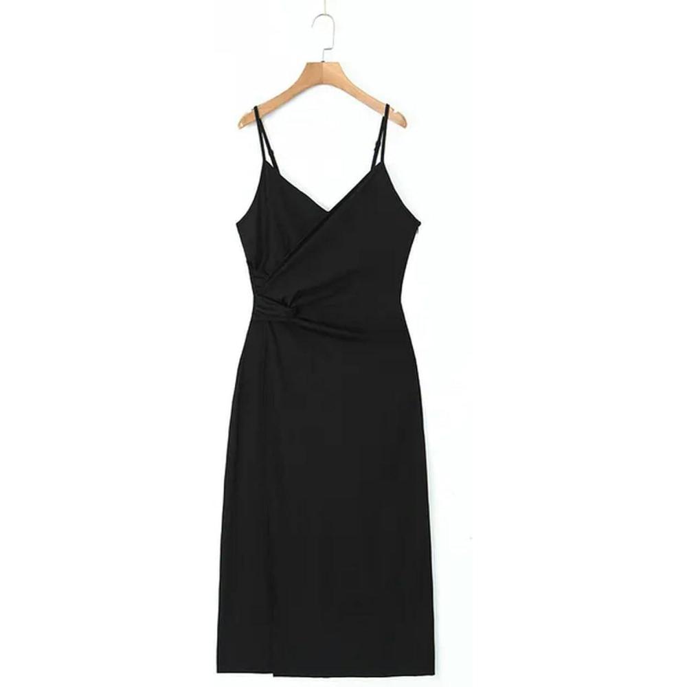 image:imageRobe Grande Taille de Haute qualit pour Femmes col en V Taille torsade Fente Bretelles Spaghetti vtements Courbes surdimensionnsnoir3XLNoir