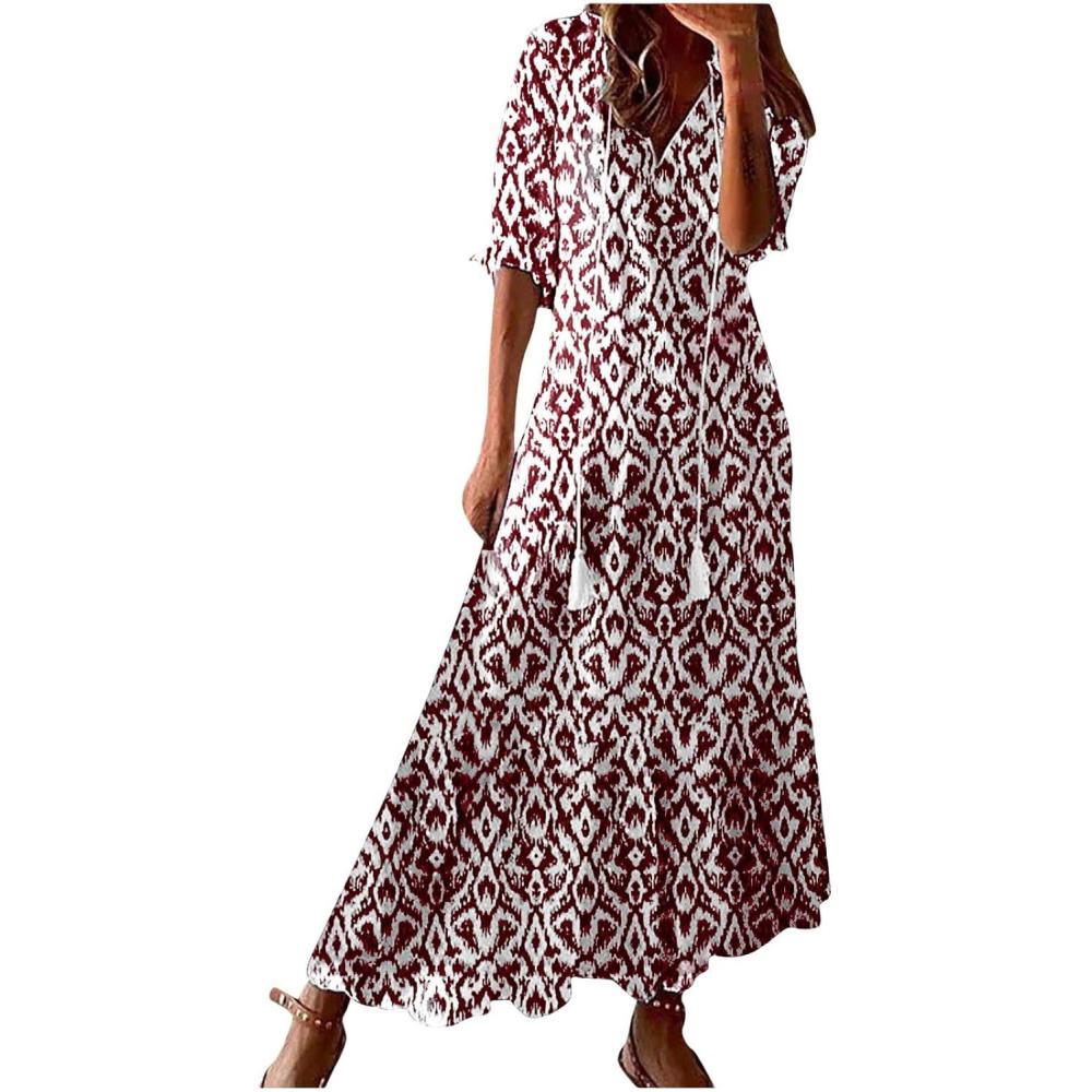 image:image2025 Robe Longue Femme Ete Robe Fleurie Femme Chic et Elegant Robes de Plage Mode Sexy Robes Dcontracte de Couleur Unie Dress Casual Ample Soiree Bohme Dress Franges dEtente Plisse Pas CherAVin