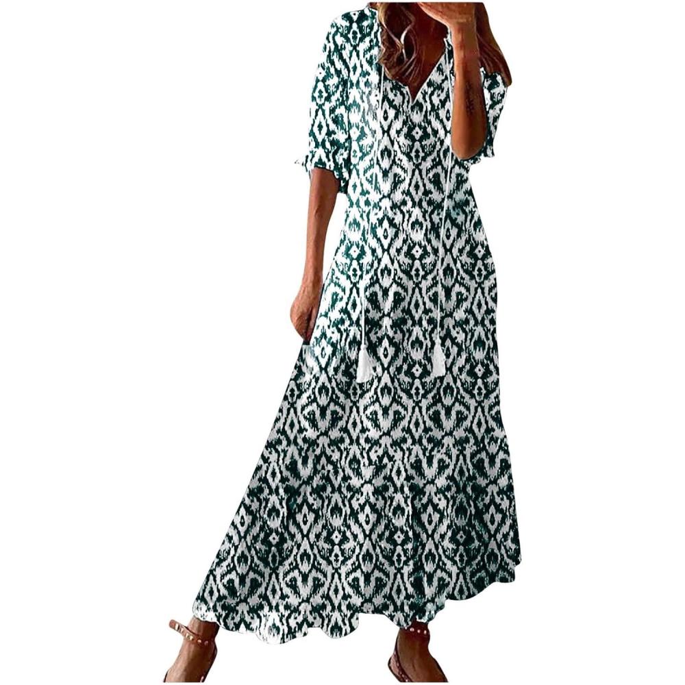 image:image2025 Robe Longue Femme Ete Robe Fleurie Femme Chic et Elegant Robes de Plage Mode Sexy Robes Dcontracte de Couleur Unie Dress Casual Ample Soiree Bohme Dress Franges dEtente Plisse Pas CherAVert