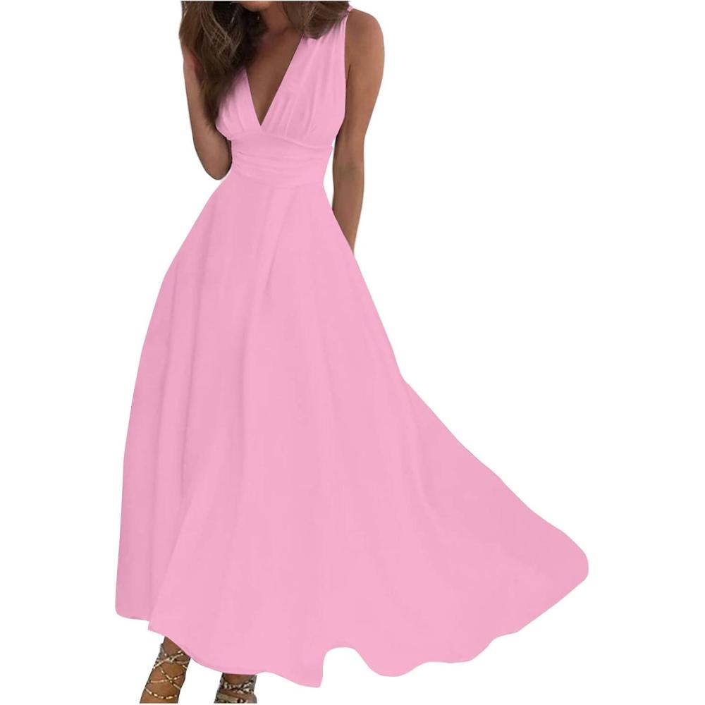 image:imageGnrique Robe Femme Chic Et Elegant BohMe Maxi Robe UnieTaille Haute Vacances Dress T DContractE Robes Vintage Manches Courtes Col V Casual Robes De Soire Bal Mariage FteA Pink
